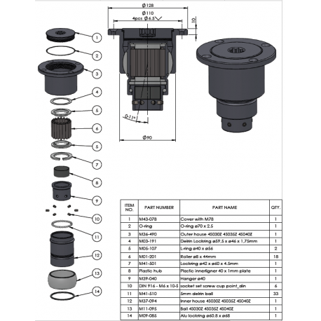 COMPLETE TOP BEARING INCLUDING ALUMINIUM OUTER RACE AND INNER BALL Ø 40 WITH ROLLERS